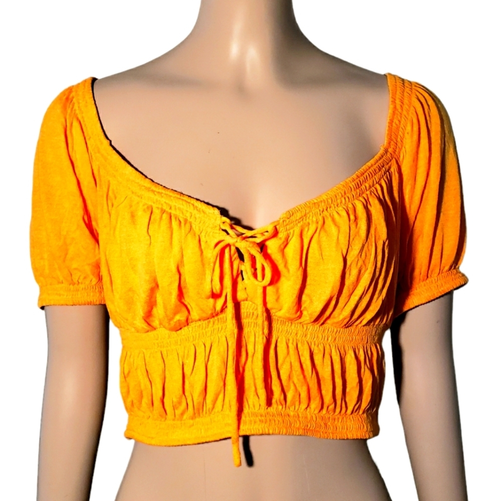 Urban Outfitters Crop Lace Up Peasant Top Womens L Tangerine Viscose Puff Sleeve